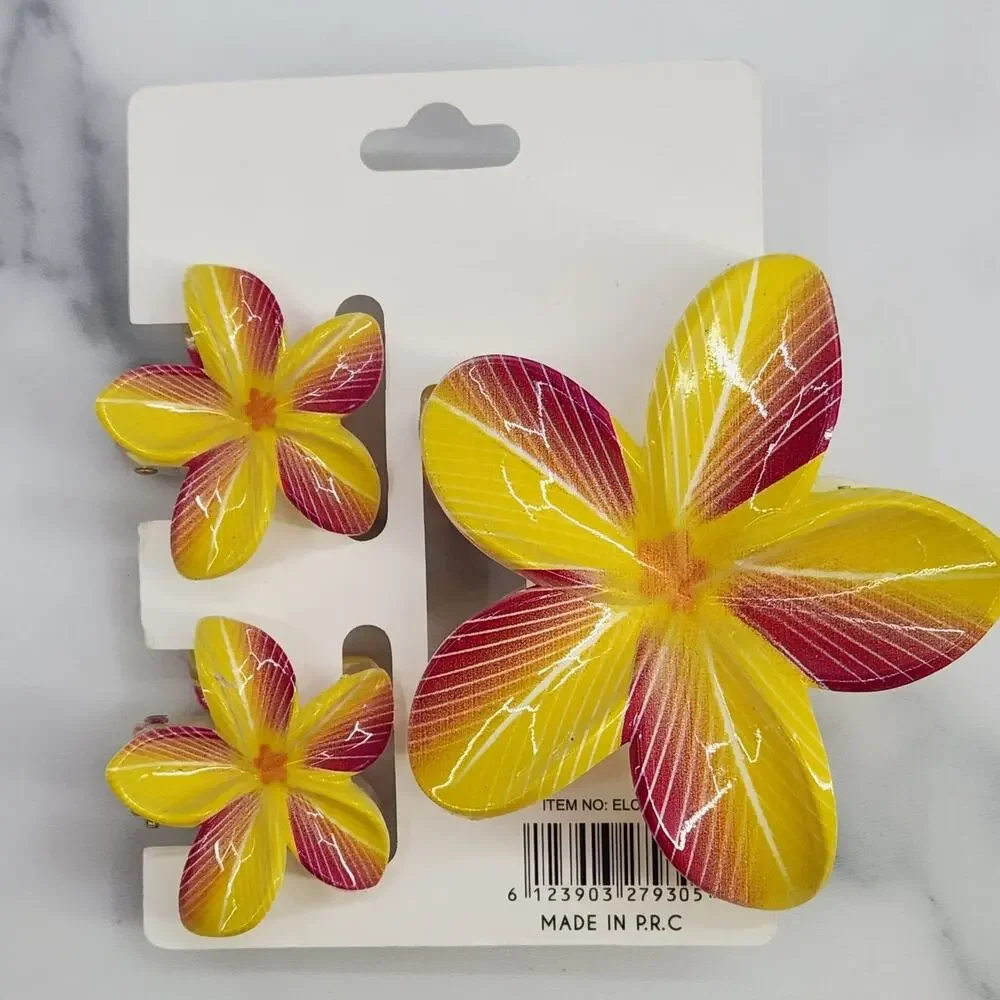 3 pc Hawaiian Flower Claw Clips Hair Accessories - Yellow and Maroon